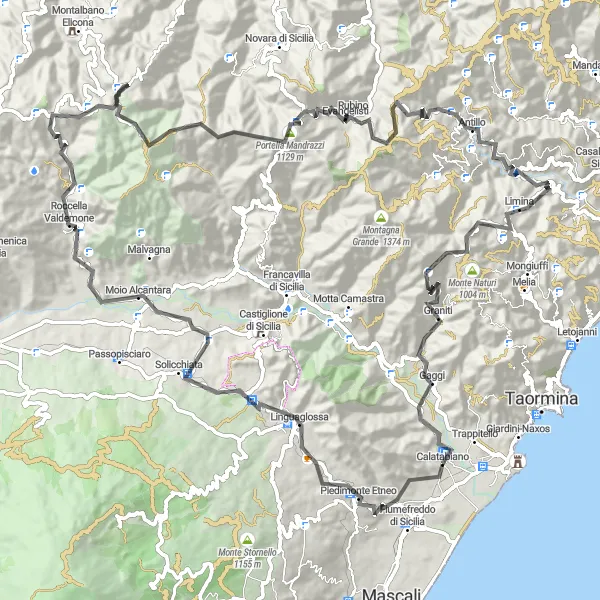 Miniatura della mappa di ispirazione al ciclismo "Giro in bicicletta sulle montagne di Sicilia" nella regione di Sicilia, Italy. Generata da Tarmacs.app, pianificatore di rotte ciclistiche