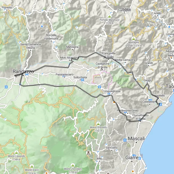 Miniatura della mappa di ispirazione al ciclismo "Giro in bici da Calatabiano a Randazzo" nella regione di Sicilia, Italy. Generata da Tarmacs.app, pianificatore di rotte ciclistiche