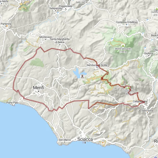 Map miniature of "Caltabellotta Gravel Adventure" cycling inspiration in Sicilia, Italy. Generated by Tarmacs.app cycling route planner