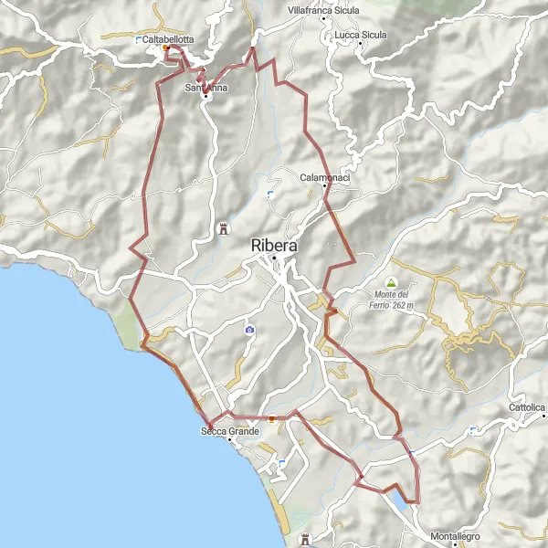 Map miniature of "Gravel Adventure through Caltabellotta" cycling inspiration in Sicilia, Italy. Generated by Tarmacs.app cycling route planner