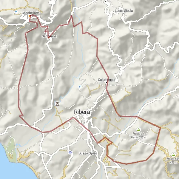 Map miniature of "Gravel Loop via Ribera" cycling inspiration in Sicilia, Italy. Generated by Tarmacs.app cycling route planner