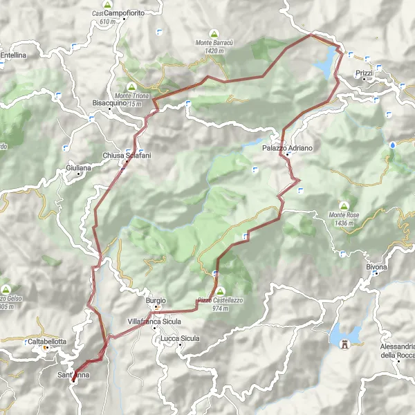 Map miniature of "Gravel Adventure: Chiusa Sclafani to Burgio" cycling inspiration in Sicilia, Italy. Generated by Tarmacs.app cycling route planner