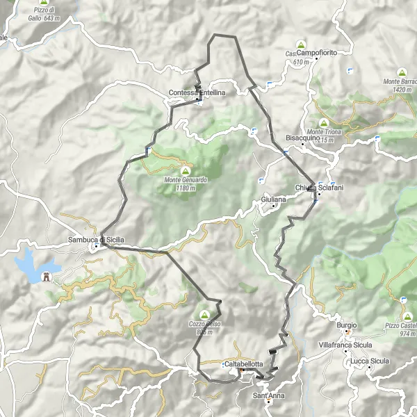 Map miniature of "Classic Road Cycling Route: Caltabellotta to Chiusa Sclafani" cycling inspiration in Sicilia, Italy. Generated by Tarmacs.app cycling route planner