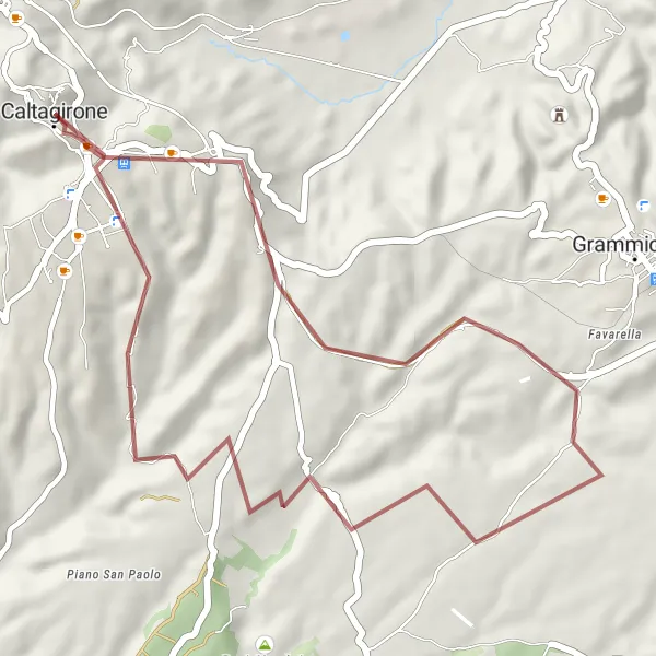 Miniatura della mappa di ispirazione al ciclismo "Periplo in bicicletta per Caltagirone-Monte San Giorgio-Ponte San Francesco" nella regione di Sicilia, Italy. Generata da Tarmacs.app, pianificatore di rotte ciclistiche