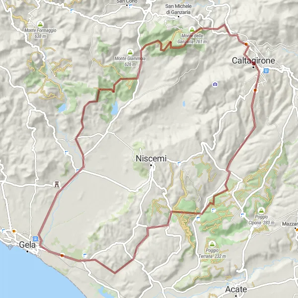 Map miniature of "Challenging Gravel Cycling Route around Caltagirone" cycling inspiration in Sicilia, Italy. Generated by Tarmacs.app cycling route planner