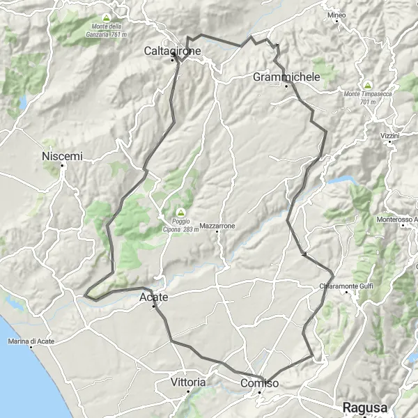 Miniatura della mappa di ispirazione al ciclismo "Costa Sud Road Trip" nella regione di Sicilia, Italy. Generata da Tarmacs.app, pianificatore di rotte ciclistiche