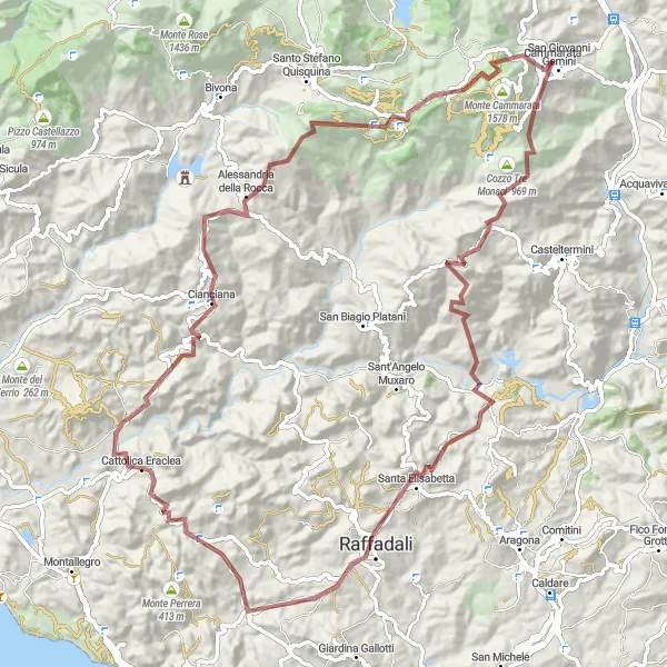 Map miniature of "Exploring the Gravel Paths of Sicilia" cycling inspiration in Sicilia, Italy. Generated by Tarmacs.app cycling route planner