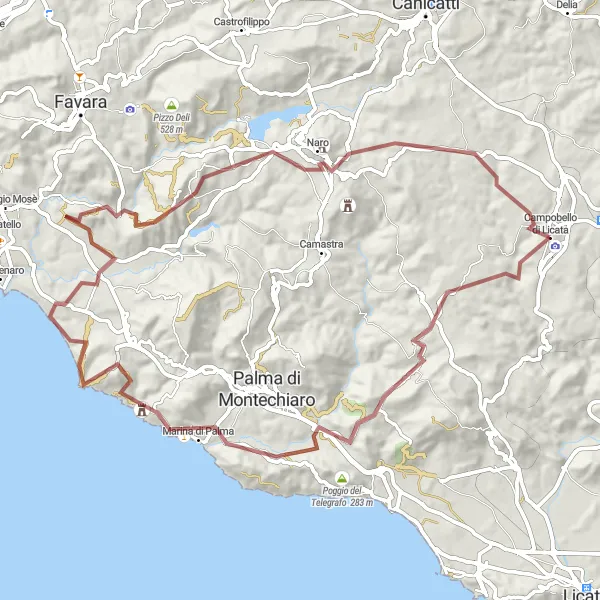 Map miniature of "Campobello di Licata - Cozzo Celemitano Gravel Adventure" cycling inspiration in Sicilia, Italy. Generated by Tarmacs.app cycling route planner
