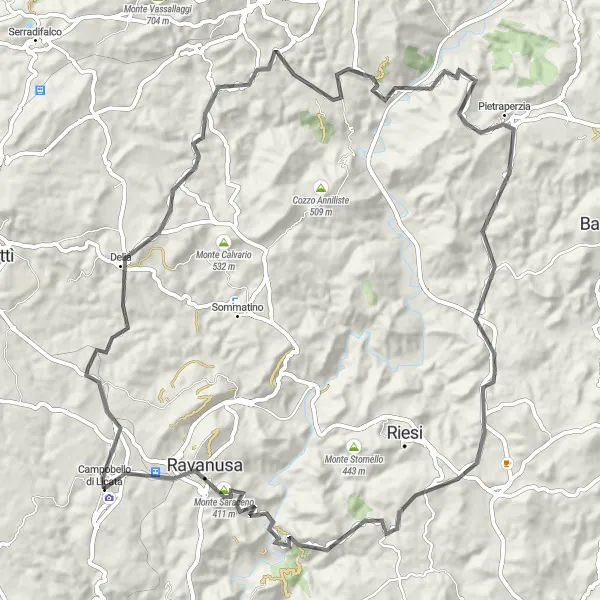 Map miniature of "Campobello di Licata - Monte Saraceno Loop" cycling inspiration in Sicilia, Italy. Generated by Tarmacs.app cycling route planner