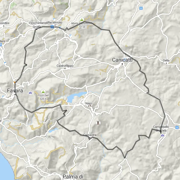 Map miniature of "Campobello di Licata - Resti della Rocca Baronale" cycling inspiration in Sicilia, Italy. Generated by Tarmacs.app cycling route planner