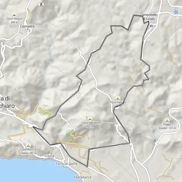 Map miniature of "Campobello di Licata - Parco della Divina Commedia" cycling inspiration in Sicilia, Italy. Generated by Tarmacs.app cycling route planner