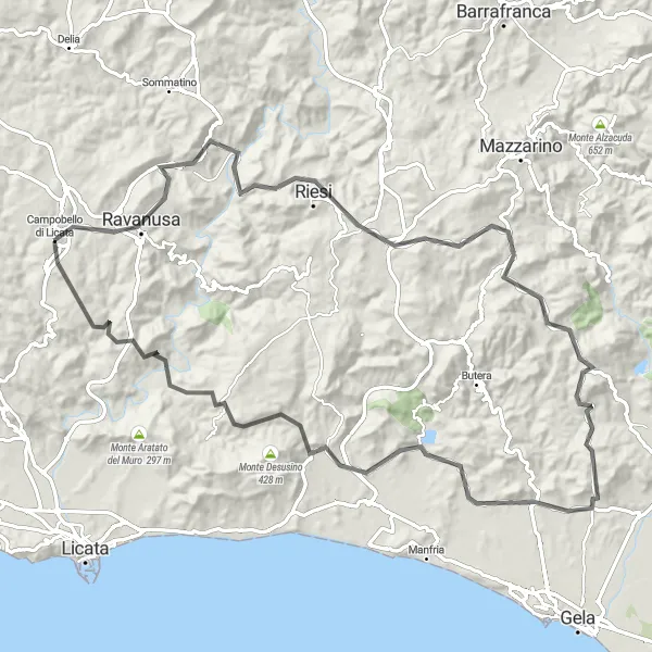 Map miniature of "The Sicilian Panorama" cycling inspiration in Sicilia, Italy. Generated by Tarmacs.app cycling route planner
