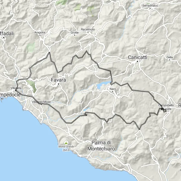 Map miniature of "The Sicilian Countryside" cycling inspiration in Sicilia, Italy. Generated by Tarmacs.app cycling route planner