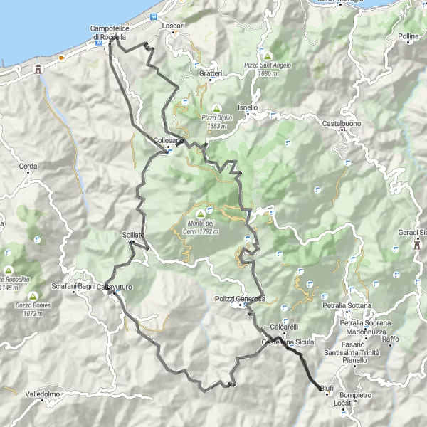 Miniatura della mappa di ispirazione al ciclismo "Giro in bici da Campofelice di Roccella" nella regione di Sicilia, Italy. Generata da Tarmacs.app, pianificatore di rotte ciclistiche