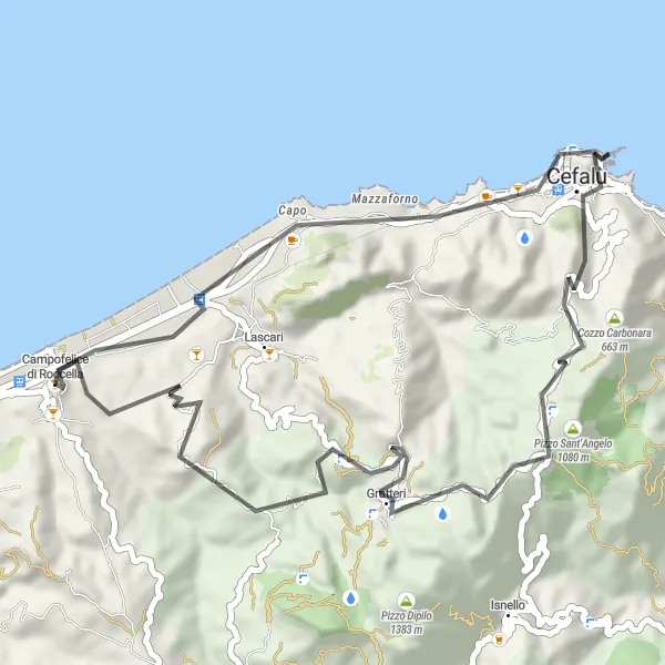 Miniatura della mappa di ispirazione al ciclismo "Giro su Strada attraverso Pizzo Sant'Angelo e Cefalù" nella regione di Sicilia, Italy. Generata da Tarmacs.app, pianificatore di rotte ciclistiche