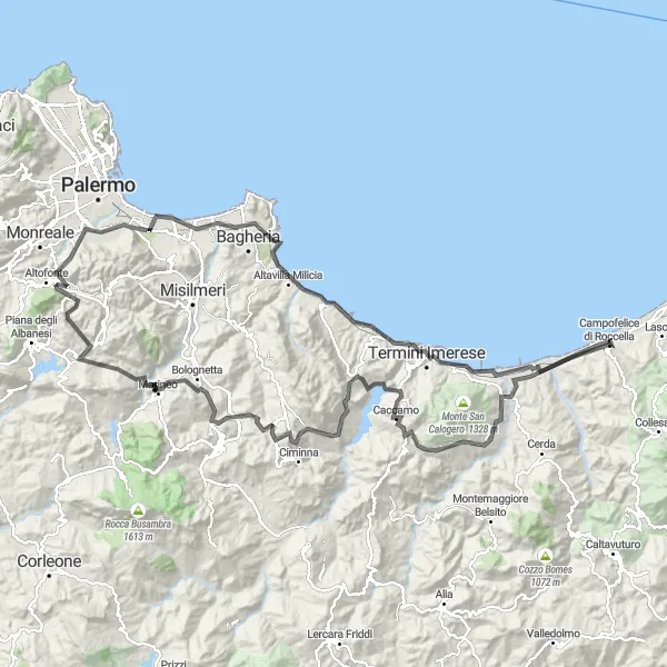 Miniatura della mappa di ispirazione al ciclismo "Viaggio attraverso la Campagna Siciliana" nella regione di Sicilia, Italy. Generata da Tarmacs.app, pianificatore di rotte ciclistiche