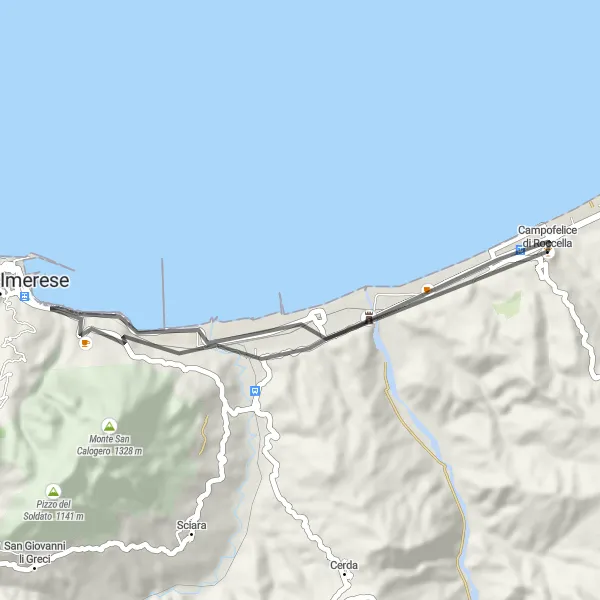 Map miniature of "The Scenic Ride" cycling inspiration in Sicilia, Italy. Generated by Tarmacs.app cycling route planner