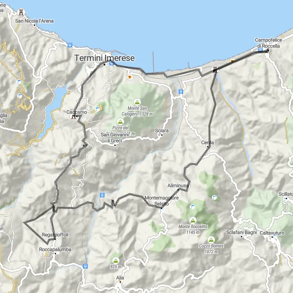 Miniatura della mappa di ispirazione al ciclismo "Tour nelle Colline Siciliane" nella regione di Sicilia, Italy. Generata da Tarmacs.app, pianificatore di rotte ciclistiche