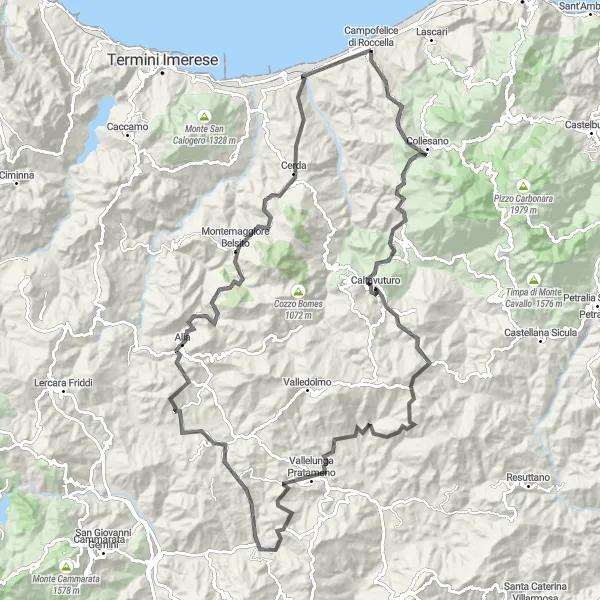 Miniatura della mappa di ispirazione al ciclismo "Giro in bicicletta da Campofelice di Roccella a Collesano" nella regione di Sicilia, Italy. Generata da Tarmacs.app, pianificatore di rotte ciclistiche