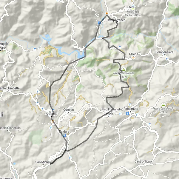Map miniature of "Scenic Road Cycling Route near Campofranco" cycling inspiration in Sicilia, Italy. Generated by Tarmacs.app cycling route planner