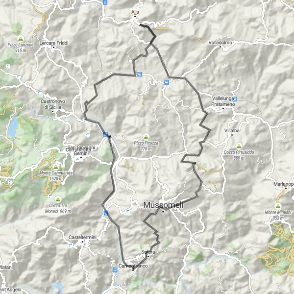 Map miniature of "Campofranco Loop" cycling inspiration in Sicilia, Italy. Generated by Tarmacs.app cycling route planner