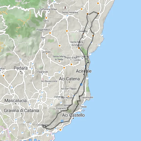 Map miniature of "The Cultural Loop" cycling inspiration in Sicilia, Italy. Generated by Tarmacs.app cycling route planner