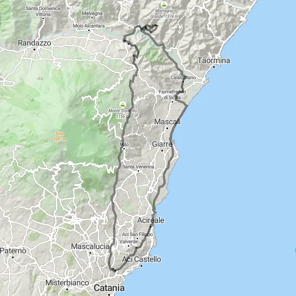 Miniatura della mappa di ispirazione al ciclismo "Tour in bicicletta attraverso Linguaglossa e Monte San Paolillo" nella regione di Sicilia, Italy. Generata da Tarmacs.app, pianificatore di rotte ciclistiche