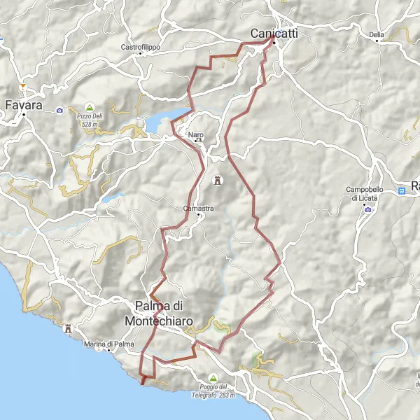 Map miniature of "Gravel Adventure in Palma di Montechiaro" cycling inspiration in Sicilia, Italy. Generated by Tarmacs.app cycling route planner