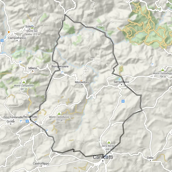Map miniature of "Exploring Rocca Fiumicello" cycling inspiration in Sicilia, Italy. Generated by Tarmacs.app cycling route planner