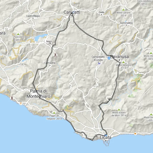 Map miniature of "The Road to Ravanusa" cycling inspiration in Sicilia, Italy. Generated by Tarmacs.app cycling route planner
