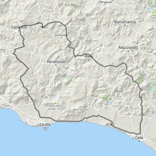Map miniature of "The Hilltop Fortress Tour" cycling inspiration in Sicilia, Italy. Generated by Tarmacs.app cycling route planner