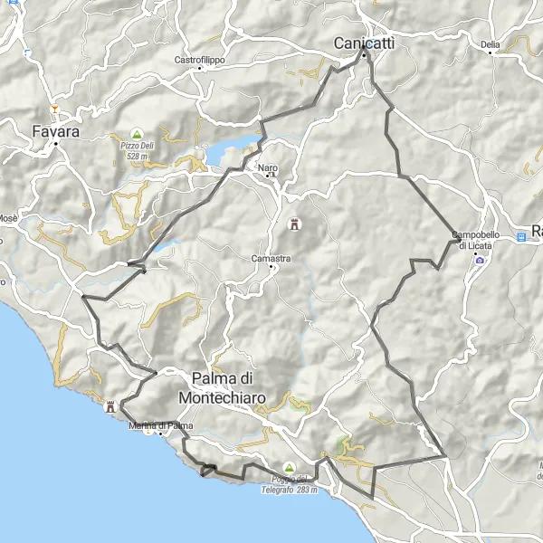 Map miniature of "Coastal Escapade" cycling inspiration in Sicilia, Italy. Generated by Tarmacs.app cycling route planner