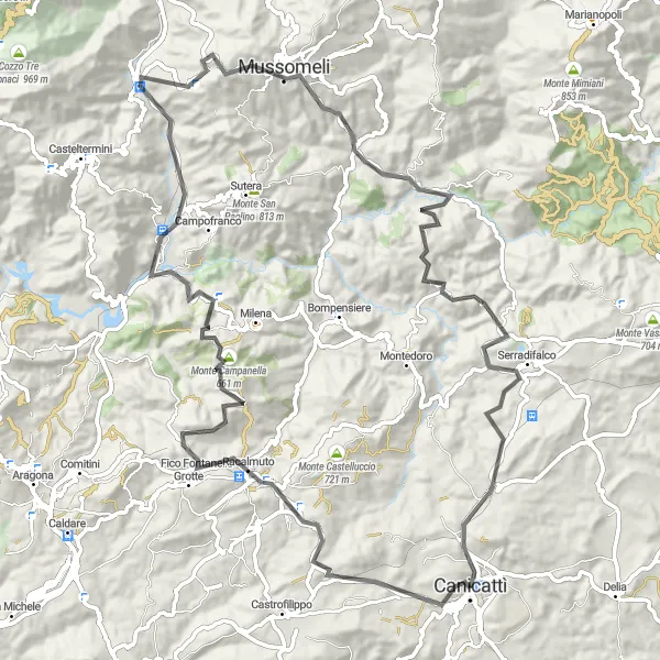 Miniatura della mappa di ispirazione al ciclismo "Giro in bicicletta attraverso Canicattì" nella regione di Sicilia, Italy. Generata da Tarmacs.app, pianificatore di rotte ciclistiche