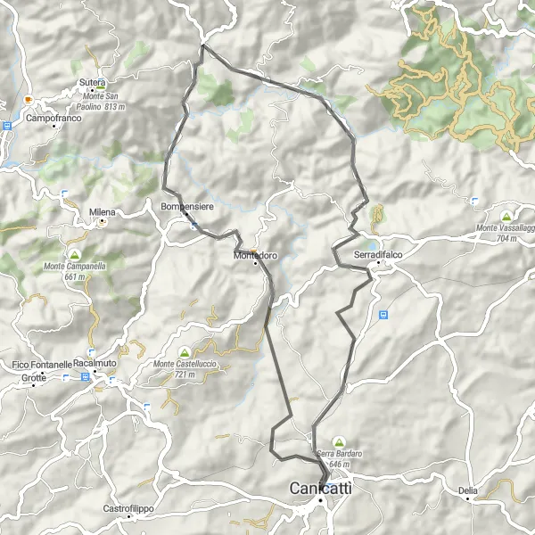Map miniature of "The Canicattì Circuit" cycling inspiration in Sicilia, Italy. Generated by Tarmacs.app cycling route planner