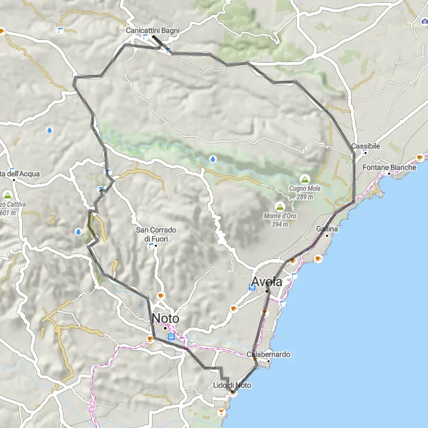 Map miniature of "Coastal Delights" cycling inspiration in Sicilia, Italy. Generated by Tarmacs.app cycling route planner