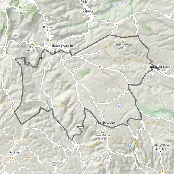 Miniatura della mappa di ispirazione al ciclismo "Avventura attraverso Palazzolo Acreide" nella regione di Sicilia, Italy. Generata da Tarmacs.app, pianificatore di rotte ciclistiche