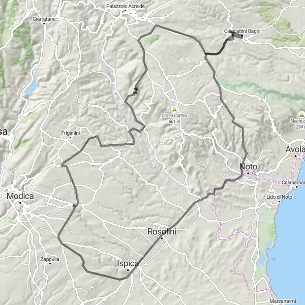 Map miniature of "The Coastal Loop" cycling inspiration in Sicilia, Italy. Generated by Tarmacs.app cycling route planner