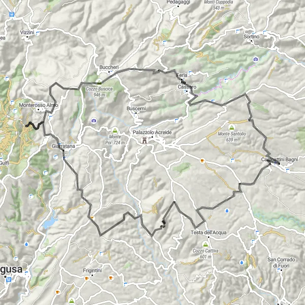 Miniatura della mappa di ispirazione al ciclismo "Giro in bicicletta da Canicattini Bagni" nella regione di Sicilia, Italy. Generata da Tarmacs.app, pianificatore di rotte ciclistiche