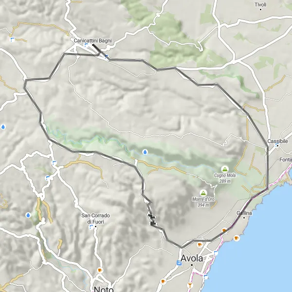 Miniatura della mappa di ispirazione al ciclismo "Percorso panoramico da Canicattini Bagni" nella regione di Sicilia, Italy. Generata da Tarmacs.app, pianificatore di rotte ciclistiche