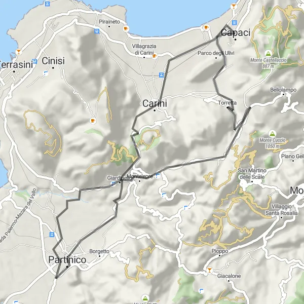 Map miniature of "Capaci to Carini Loop" cycling inspiration in Sicilia, Italy. Generated by Tarmacs.app cycling route planner