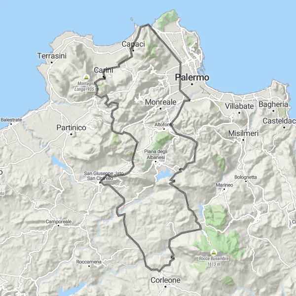 Map miniature of "Capaci and Surroundings" cycling inspiration in Sicilia, Italy. Generated by Tarmacs.app cycling route planner