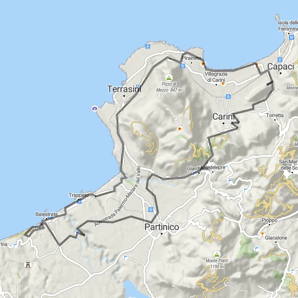 Map miniature of "Scenic Coastal Route" cycling inspiration in Sicilia, Italy. Generated by Tarmacs.app cycling route planner