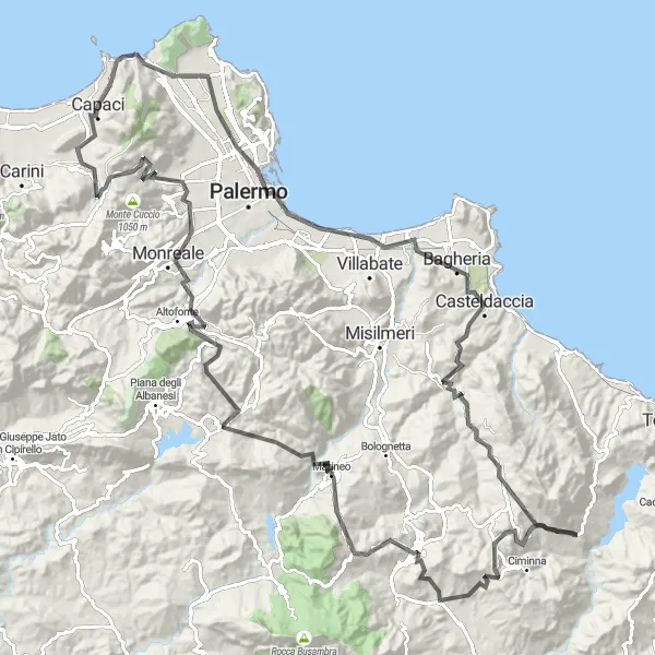 Miniatura della mappa di ispirazione al ciclismo "Tour delle Colline del Palermitano" nella regione di Sicilia, Italy. Generata da Tarmacs.app, pianificatore di rotte ciclistiche