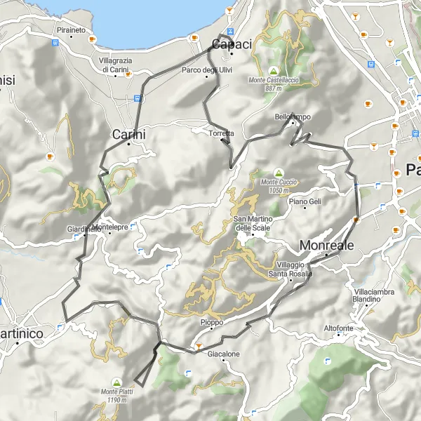 Map miniature of "Cycling Adventure through Capaci and Surrounding Towns" cycling inspiration in Sicilia, Italy. Generated by Tarmacs.app cycling route planner