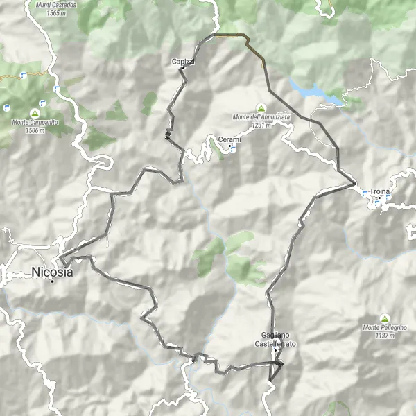 Map miniature of "Road Route: Capizzi to Nicosia" cycling inspiration in Sicilia, Italy. Generated by Tarmacs.app cycling route planner