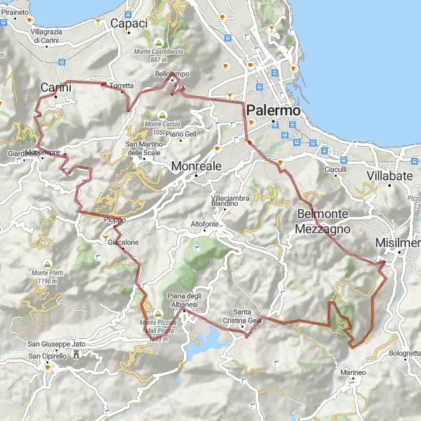 Miniatura della mappa di ispirazione al ciclismo "Giro in bicicletta tra Torretta e Carini" nella regione di Sicilia, Italy. Generata da Tarmacs.app, pianificatore di rotte ciclistiche