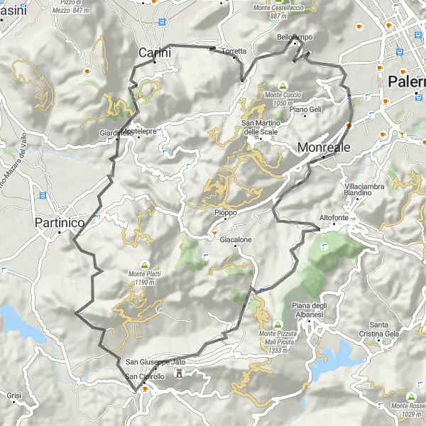 Miniatura della mappa di ispirazione al ciclismo "Circuito ciclistico tra Torretta e Carini" nella regione di Sicilia, Italy. Generata da Tarmacs.app, pianificatore di rotte ciclistiche