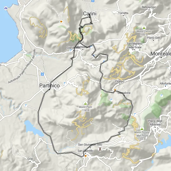 Miniatura della mappa di ispirazione al ciclismo "Tour in bicicletta verso il Castello di Carini" nella regione di Sicilia, Italy. Generata da Tarmacs.app, pianificatore di rotte ciclistiche