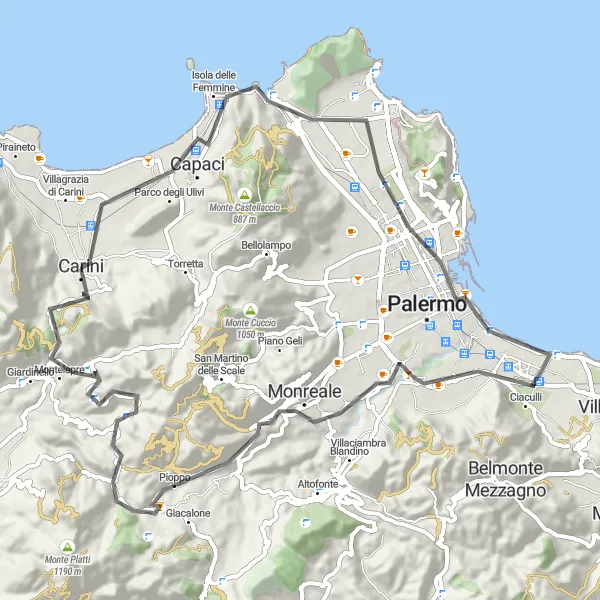 Map miniature of "Cycle through Beautiful Landscapes near Carini" cycling inspiration in Sicilia, Italy. Generated by Tarmacs.app cycling route planner