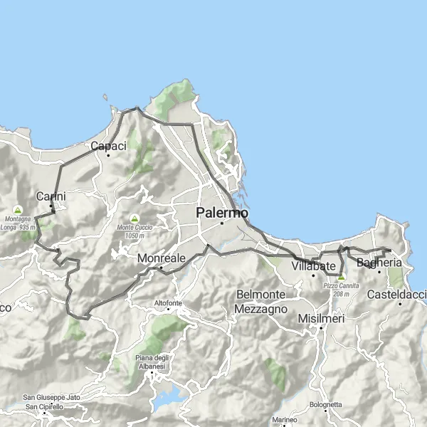 Map miniature of "Challenging Road Cycling Route with Scenic Highlights" cycling inspiration in Sicilia, Italy. Generated by Tarmacs.app cycling route planner